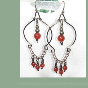Artisan earrings  025# dangle earrings Carnelian red-orange Antique.Bronze craft